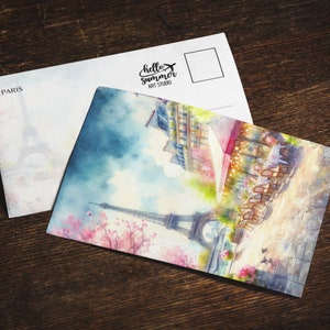 Paris Watercolor Postcard, 5 x 7 greeting card set, digital art, France painting, travel artwork, Eiffel Tower