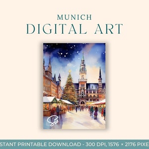 Natal em Munique - Pintura em Aquarela (ARTE DIGITAL) Alemanha, Marienplatz, Arte de Viagem, Impressão Artística, Cartão Postal DIY, Noivado, Pintura Europeia