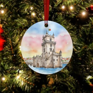Belem Tower Christmas Ornament - Lisbon, Portugal Ornament, Custom Tree Ornament, Wedding Ornament, Engagement Gift, Travel Souvenir, Europe