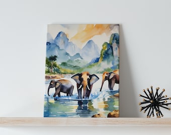 Chiang Mai Elephants Watercolor Art Canvas - Thailand, Travel Art, Wall Art, Watercolor Prints, Asia Wall Art, Nature Poster, Mountains