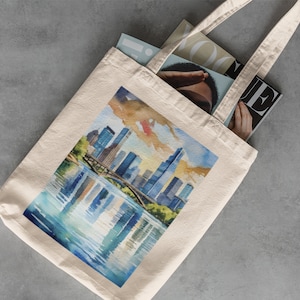 Lady Bird Lake Canvas Tote - Library Bag, Reusable Grocery Bag, Cotton Tote Bag, Travel Bag, Austin Texas Gifts, Watercolor, Zilker Park