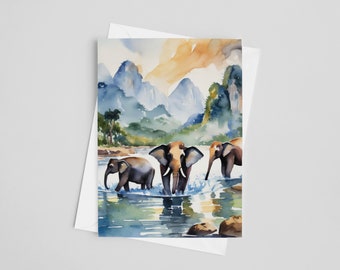 Chiang Mai Watercolor Greeting Cards, 5 x 7 greeting card set, digital art, Thailand painting, travel artwork, Asia Stationery, Elephants
