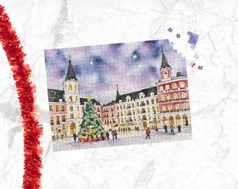 Christmas in Madrid Watercolor Puzzle - Spain Gifts, Kid Christmas Gift, Puzzle Lover, Jigsaw, Wooden Puzzle, Holiday, Secret Santa, Europe