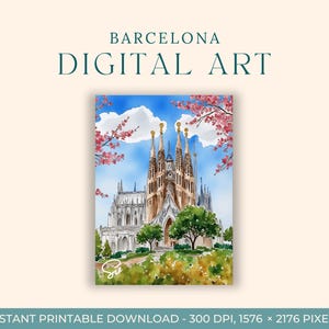 Aquarelle de la Sagrada Familia Barcelone (ART NUMÉRIQUE) Espagne, Art du voyage, Impressions d'art, Carte postale, Art de fiançailles, Peintures de la ville de l'Europe