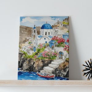 Santorini Watercolor Art Canvas -  Greece, Europe Wall Art, Mediterranean Decor, Coastal City Painting, Blue Dome, Impressionist, Boat