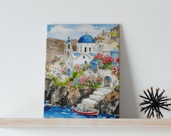 Santorini Watercolor Art Canvas -  Greece, Europe Wall Art, Mediterranean Decor, Coastal City Painting, Blue Dome, Impressionist, Boat