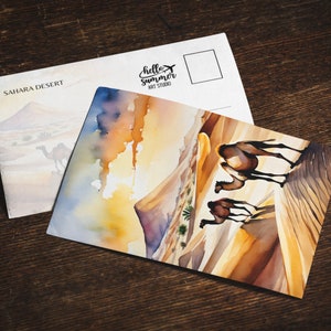 Carte postale aquarelle désert du Sahara, lot de cartes de voeux 5 x 7, art numérique, peinture à l'aquarelle, oeuvre d'art de voyage, cartes postales du Maroc, art de chameau