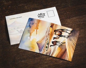 Sahara Desert Watercolor Postcard, 5 X 7 stationery, Watercolor Painting, Travel Artwork, Morocco Postcards, Camel Art, Morocco Souvenir