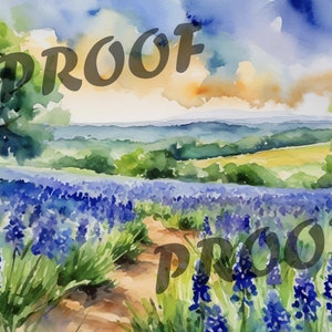 May include: Watercolour painting of a field of bluebonnet flowers with a dirt path leading through the field. A green tree is in the foreground and a rolling hill landscape is in the background.