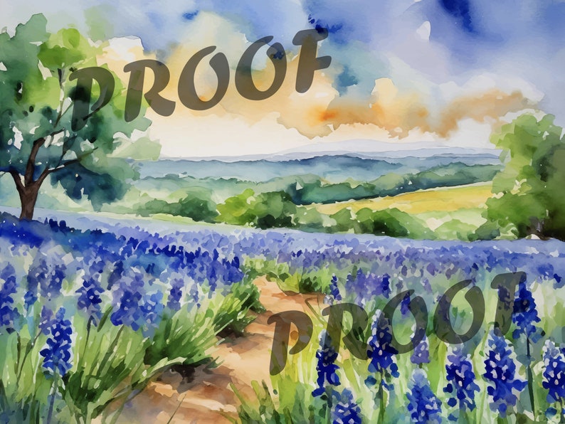 May include: Watercolour painting of a field of bluebonnet flowers with a dirt path leading through the field. A green tree is in the foreground and a rolling hill landscape is in the background.