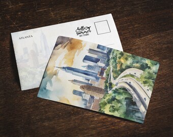 Atlanta Watercolor Postcard, 5 x 7 stationery, ATL, watercolor painting, travel artwork, Georgia Gifts, Atlanta Souvenir