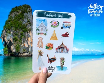 Foglio di adesivi per trekking in Thailandia - Adesivi per agenda, adesivi per album di ritagli, adesivi da viaggio, adesivi Asia, Bangkok, Krabi, barca lunga, diario