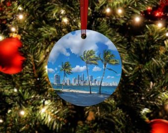 Miami Christmas Ornament - Florida Souvenir, Miami Skyline Watercolor, Custom Ornament, Wedding Gift, Engagement Ornament, Miami South Beach