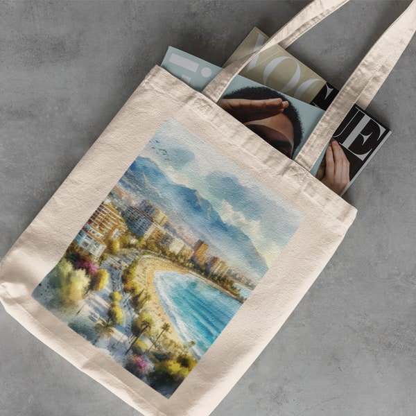 Marbella Canvas Tote - Library Bag, Reusable Grocery Bag, Cotton Tote Bag, Travel Beach Bag, Europe Art, Spain Watercolor Digital Art