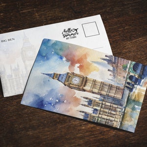 Postal de acuarela del Big Ben, Londres, juego de tarjetas de felicitación de 5 x 7, arte digital, pintura de Londres, arte de viaje, postal de Inglaterra, recuerdo del Reino Unido, regalos