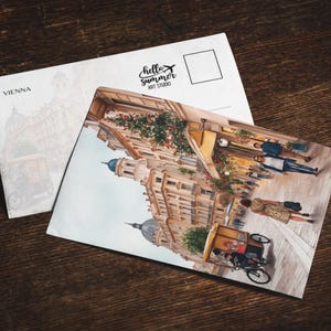 Postal de acuarela de Viena, Austria, juego de tarjetas de felicitación de 5 x 7, arte digital, obra de arte de viaje, postal de Europa, acuarela de Viena, recuerdo