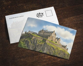 Postal de acuarela del Castillo de Edimburgo, papelería de 5 x 7, pintura de Escocia, obra de arte de viaje, postales de viaje, recuerdo de Escocia, viaje a Europa