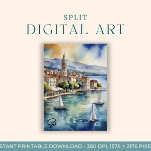 Split 2 aquarelle (ART NUMÉRIQUE) Croatie, art du voyage, impressions d'art, carte postale à faire soi-même, art de fiançailles, peintures de la ville de l'Europe, est