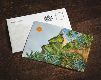Nepali Coast Watercolor Postcard, 5 x 7, Hawaii, Kauai Beach, Na Pali Coast State Wilderness Park, Kalalau Valley, Beach, Tropical, Nature