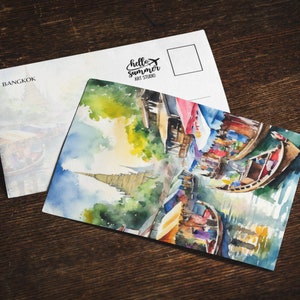 Carte postale aquarelle de Bangkok, ensemble de cartes de voeux 5 x 7, art numérique, aquarelle, oeuvre d'art de voyage, cartes postales de Thaïlande, marchés flottants