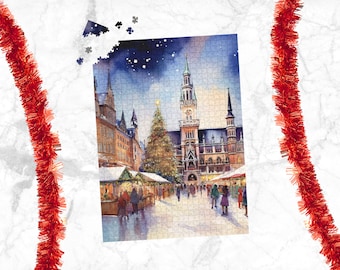 Christmas in Munich Watercolor Puzzle - Germany Gifts, Kids Christmas Gift, Puzzle Lover, Jigsaw, Wooden Puzzle, Holiday, Secret Santa