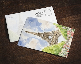 Eiffel Tower Watercolor Postcard, 5 x 7, stationery, France painting, travel artwork, Paris Souvenir Gifts, Europe, Impressionist mini print