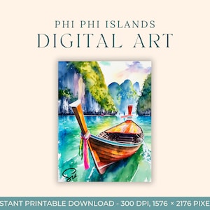 ピピ島の水彩画（デジタルアート）タイ、旅行アート、アートプリント、DIYポストカード、エンゲージメントアート、アジアの絵画、ロングボート