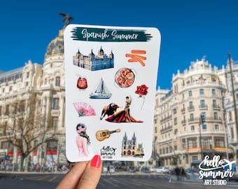 Spanish Summer Sticker Sheet - Planner Stickers, Scrap Book Stickers, Travel Stickers, Madrid, Malaga, Barcelona, Valencia, Seville