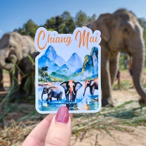 Pegatina de elefantes de Chiang Mai - Recuerdo de Tailandia, Pegatina impermeable, Imán para coche, Pegatina de elefante, Pegatina de Tailandia, Diario de viaje