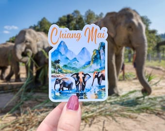Chiang Mai Elephants Sticker - Thailand Souvenir, Waterproof Sticker, Travel Car Magnet, Elephant Sticker, Thailand Sticker, Travel Journal