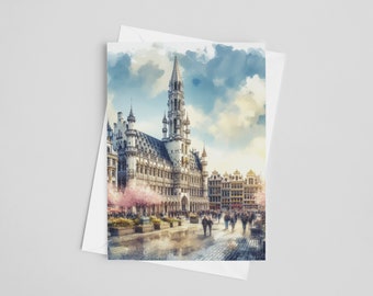 Brussels Watercolor Greeting Cards, 5 x 7 greeting card set, digital art, Belgium painting, travel artwork, Europe Stationery
