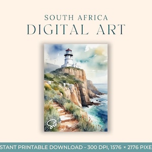 Cape Point Leuchtturm Aquarell Malerei (DIGITAL ART) Kapstadt, Südafrika, Reise Kunst, Postkarte, Afrikanischer Kunstdruck, Wand Kunst Druck