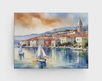 Split Watercolor Art Canvas - Croatia, Wall Art, Print Canvas, Sailing, Coast, East Europe, Dubravnik, Sail Boat, Travel Art, Painting,