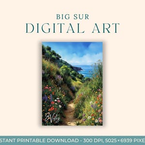 Acquerello di Big Sur, California (ARTE DIGITALE) Costiero, Arte di viaggio, Stampe artistiche, Cartolina fai da te, Arte di fidanzamento, Cali, Fiori selvatici, Escursione