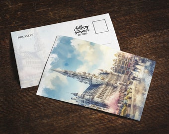 Brussels Watercolor Postcard, 5 x 7, stationery, watercolor painting, travel artwork, Belgium Postcards, Europe Art, Brussels souvenir