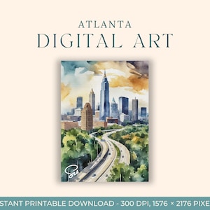 Atlanta Watercolor Painting (DIGITAL ART) Georgia, Atlanta Watercolor Skyline, ATL, Printable Wall Art, Georgia Colorful Print, Home Decor