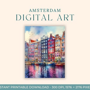 Amsterdam l Aquarelle (ART NUMÉRIQUE) Pays-Bas, Art du voyage, Impressions d'art, Carte postale à faire soi-même, Art de fiançailles, Peintures de la ville de l'Europe