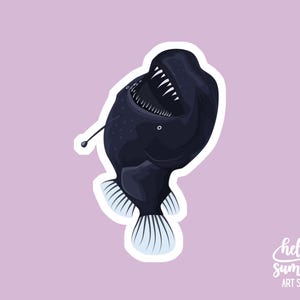 May include: A black anglerfish with a large mouth and sharp teeth, with white fins and a white outline. The fish is facing upwards with its mouth open.