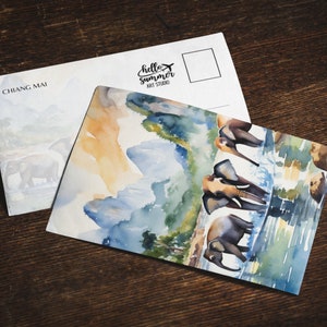 Postal de acuarela de Chiang Mai, juego de tarjetas de felicitación de 5 x 7, arte digital, pintura de acuarela, obra de arte de viaje, postales de Tailandia, elefantes