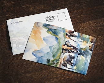 Chiang Mai Watercolor Postcard, 5 x 7 stationery watercolor painting, travel artwork, Thailand Postcards, Elephants, Chang Mai Souvenir