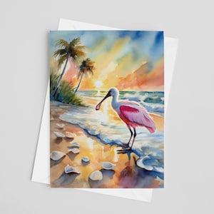 Biglietti d'auguri ad acquerello della costa del Golfo della Florida, set di biglietti d'auguri 5 x 7, biglietti di ringraziamento, mare, costiero, tropicale, spiaggia, spatola rosata