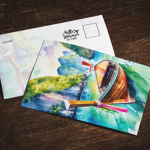 Postal de acuarela de Krabi, juego de tarjetas de felicitación de 5 x 7, arte digital, pintura de acuarela, obra de arte de viaje, postales de Tailandia, isla Phi Phi