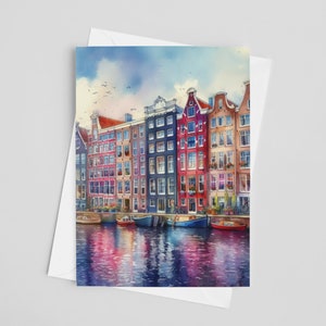 Tarjetas de felicitación de acuarela de Ámsterdam, juego de tarjetas de felicitación de 5 x 7, arte digital, pintura de los Países Bajos, ilustraciones de viajes, papelería europea