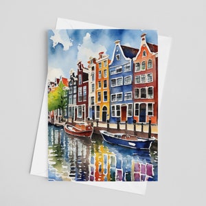 Tarjetas de felicitación de acuarela de Ámsterdam, juego de tarjetas de felicitación de 5 x 7, arte digital, pintura de los Países Bajos, Holanda, ilustraciones de viajes, papelería europea