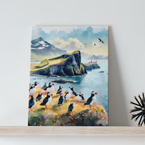 May include: Watercolor painting of a rocky cliffside with a lighthouse in the distance. The scene is filled with a flock of puffins, some perched on the cliffside and others flying in the sky. The painting has a soft, dreamy feel, with a blue and green color palette.
