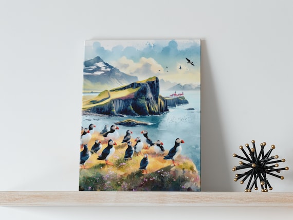Vik Iceland Watercolor Art Canvas - Reykjavik, Puffin Island, Travel Art, Iceland Wall Art, Iceland Gifts, Iceland Posters, Art Prints