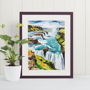 Stampa artistica ad acquerello di Gullfoss - Islanda, Reykjavik, Vik, Arte di viaggio, Arte murale islandese, Regali islandesi, Poster islandese, Stampe artistiche, Europa