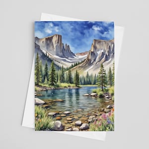 Tarjetas de felicitación de acuarela del Parque Nacional de las Montañas Rocosas, juego de tarjetas de felicitación de 5 x 7, regalos del Parque Nacional, Colorado, Montañas Rocosas, tarjeta de notas del lago Dream
