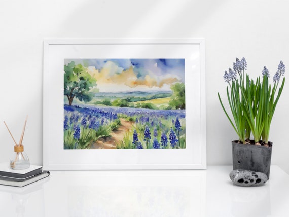 Texas Hill Country Watercolor Art Print - Blue Bonnets, Nature, Outdoors, Austin, Dallas, Wall Art, Art Poster, Purple Wall Art, Flowers