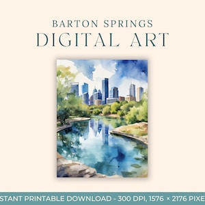 Barton Springs Watercolor Painting (DIGITAL ART) Austin Wall Art, Texas, Printable Wall Art, Digital Art, Zilker Park, Watercolor Art